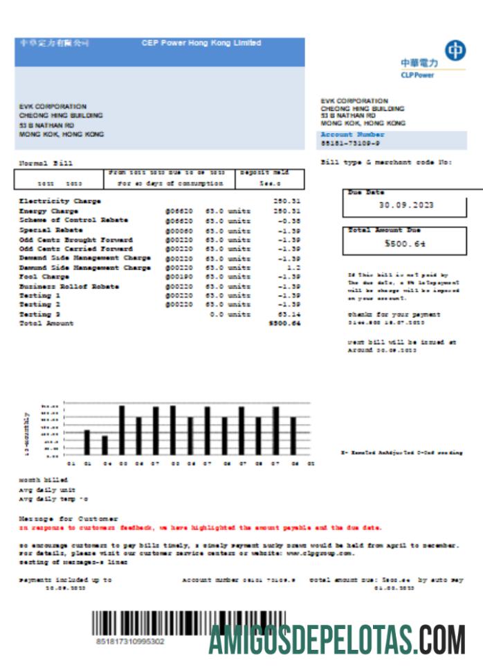 Projeto de lei de serviços públicos limitados da CLP Power Hong Kong, SCR exemplo real